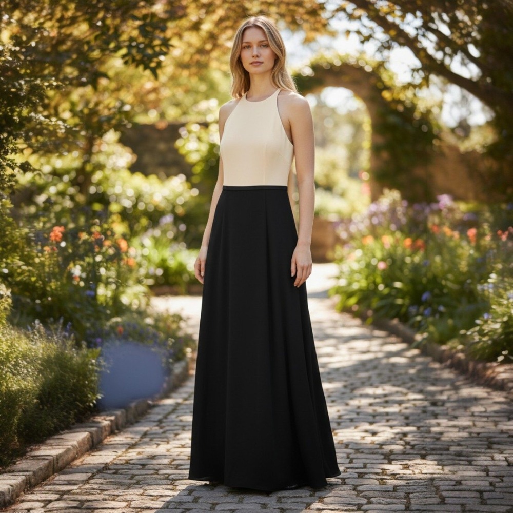 H Halston Formal‎ Gown Womens Size 10 Colorblock Halter Maxi Dress Cream Black